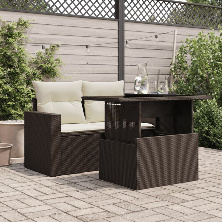 Tuintafel met glazen blad 100x55x73 cm poly rattan bruin