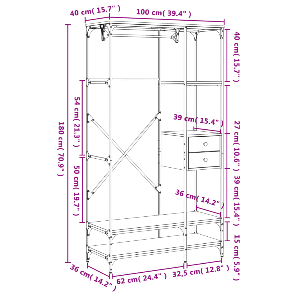 Kledingkast met laden 100x40x180 cm bewerkt hout zwart