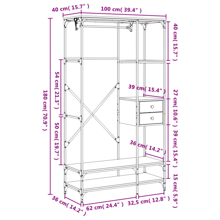 Kledingkast met laden 100x40x180 cm bewerkt hout zwart