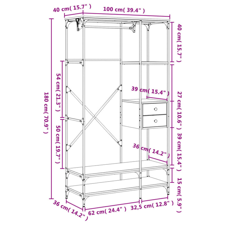 Kledingkast met lades 100x40x180 cm bewerkt hout bruineiken