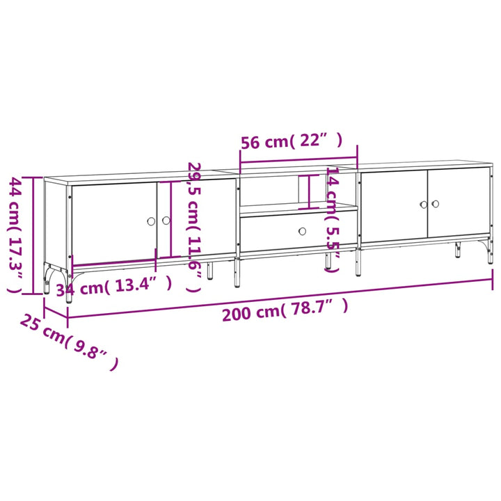 Tv-meubel met lade 200x25x44 cm bewerkt hout grijs sonoma eiken