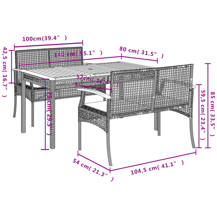 3-delige Tuinset met kussens poly rattan zwart