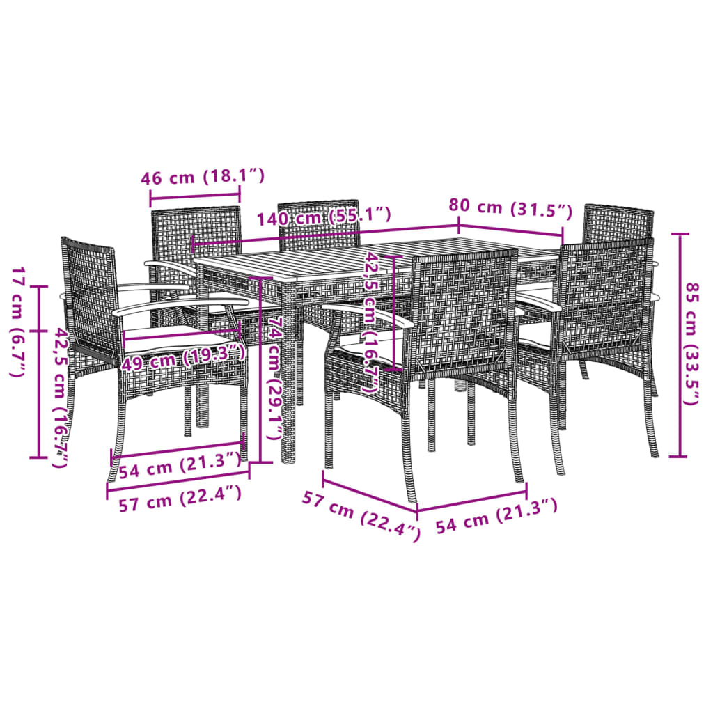 7-delige Tuinset met kussens poly rattan grijs