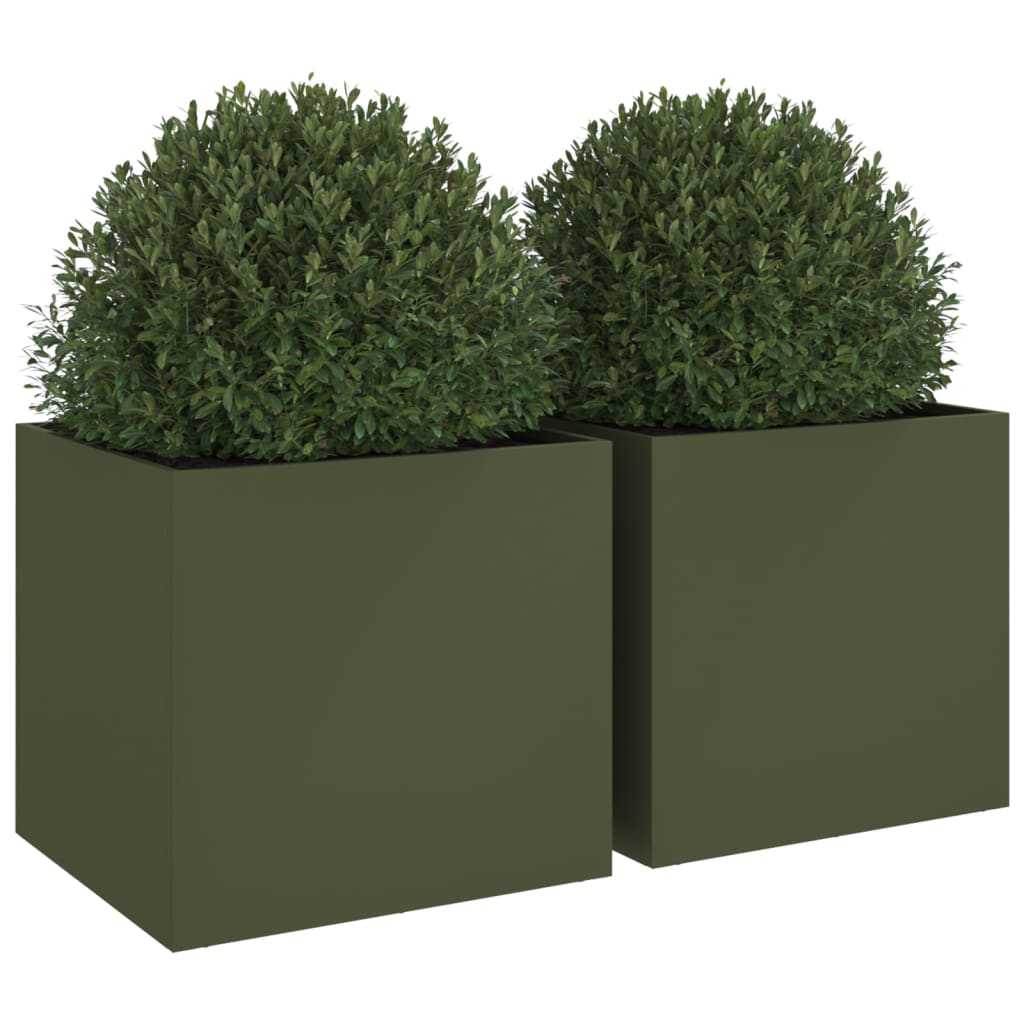 Plantenbakken 2 st 49x47x46 cm koudgewalst staal olijfgroen