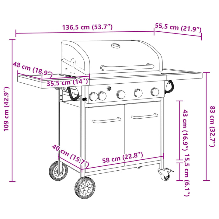 Gasbarbecue met 5 branders gepoedercoat staal zwart