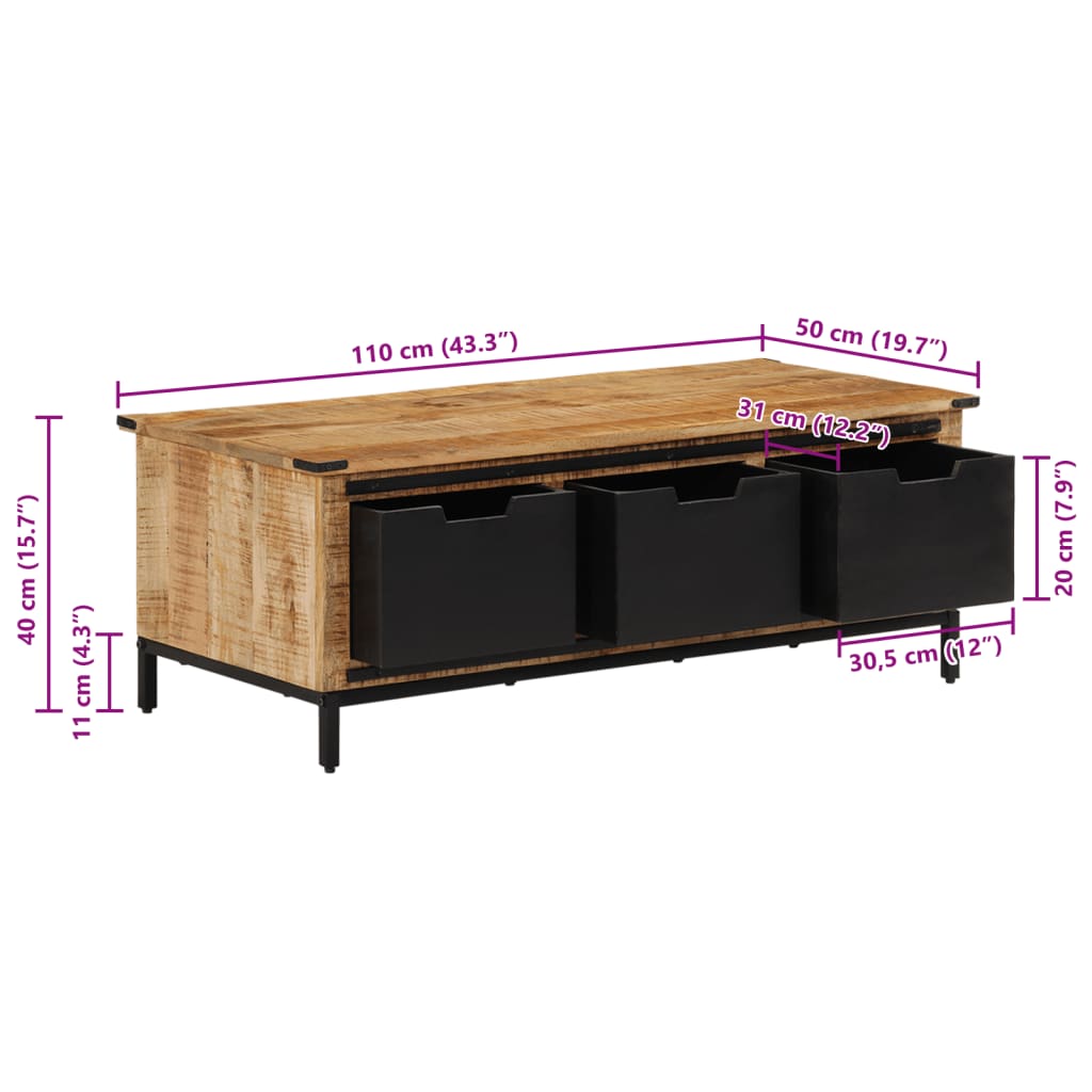 Salontafel met lades 110x50x40 cm massief mangohout