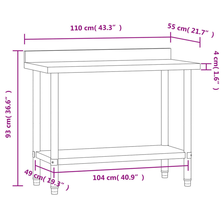 Keukenwerktafel met spatscherm 110x55x93 cm roestvrij staal