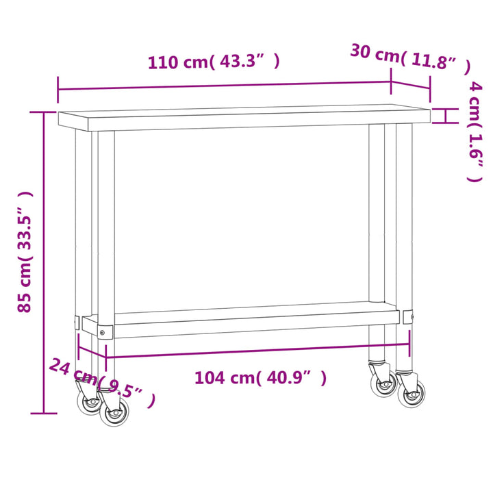 Keukenwerktafel met wielen 110x30x85 cm roestvrij staal