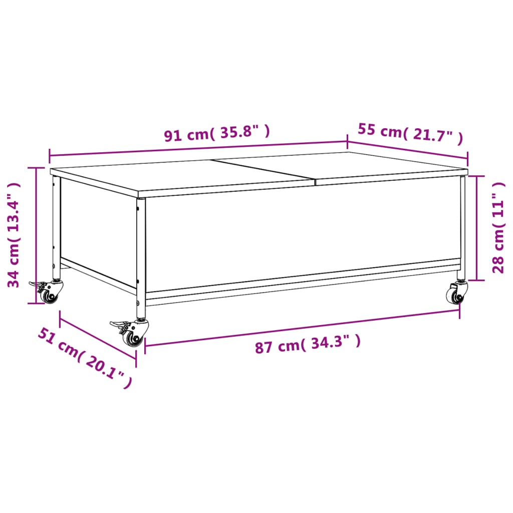 Salontafel met wielen 91x55x34 cm bewerkt hout gerookt eiken