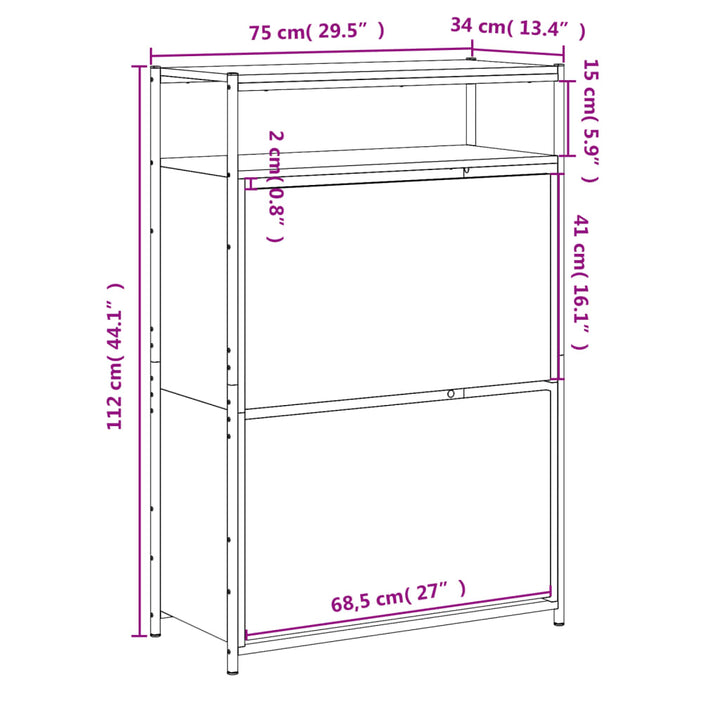 Schoenenkast 75x34x112 cm bewerkt hout grijs sonoma eikenkleur