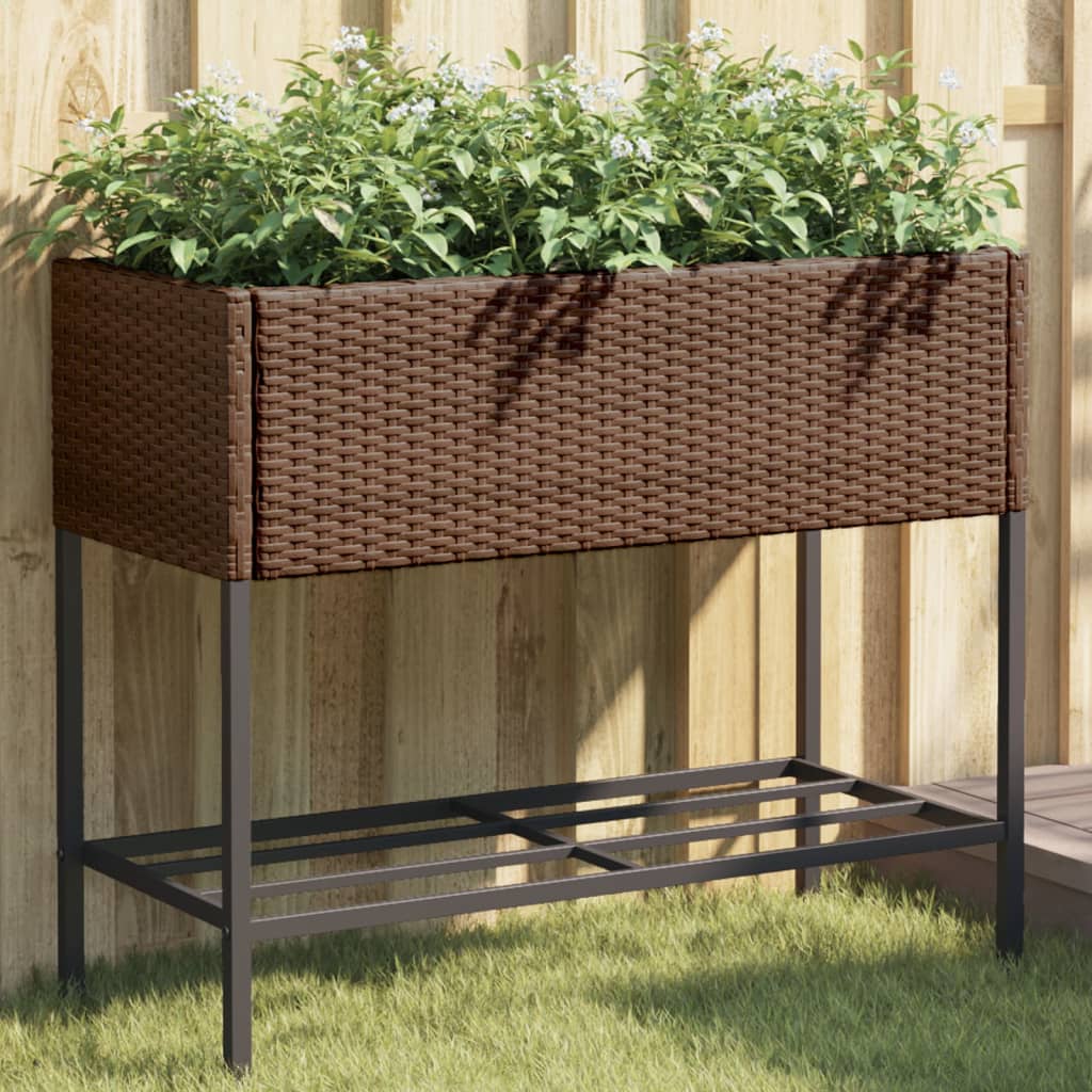 Plantenbak met schap poly rattan bruin