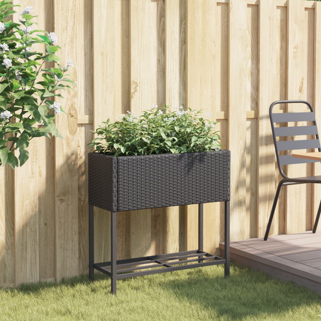 Plantenbak met schap poly rattan zwart