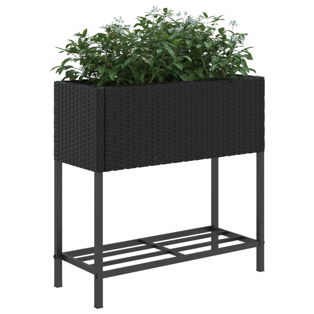 Plantenbak met schap poly rattan zwart