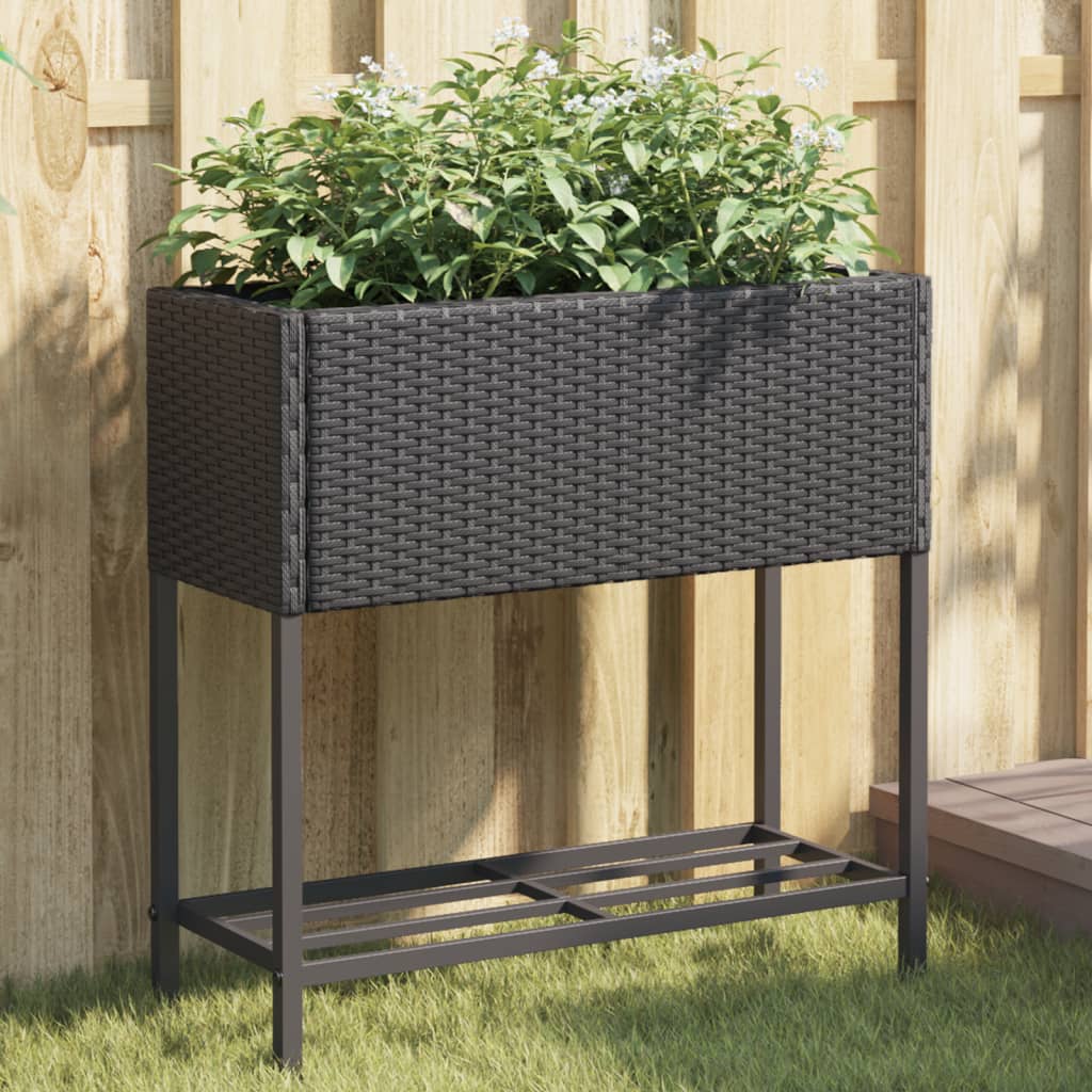 Plantenbak met schap poly rattan zwart