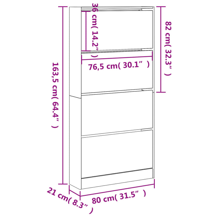 Schoenenkast met 4 klaplades 80x21x163,5 cm gerookt eikenkleur