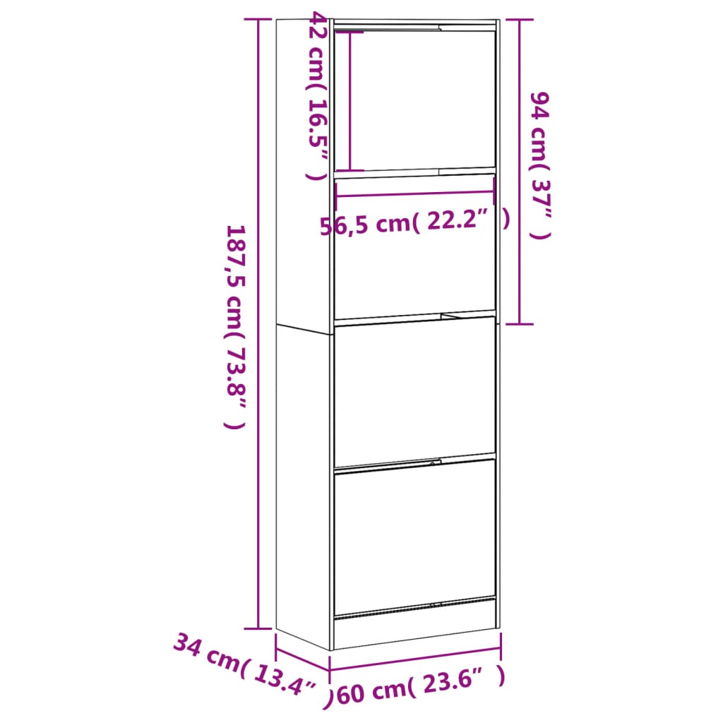 Schoenenkast met 4 klaplades 60x34x187,5 cm gerookt eikenkleur