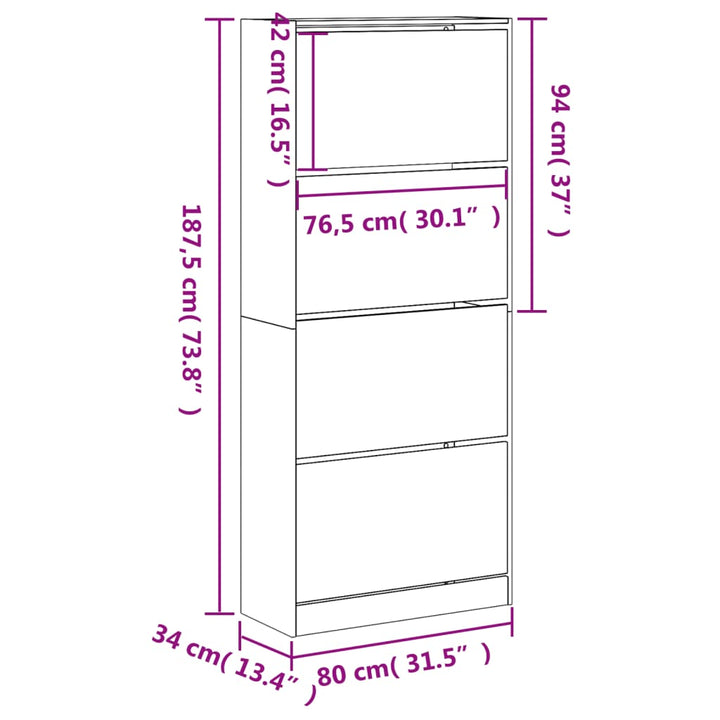 Schoenenkast met 4 klaplades 80x34x187,5 cm sonoma eikenkleurig