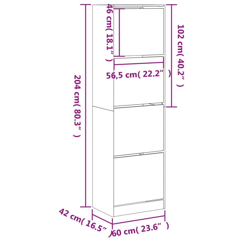 Schoenenkast met 4 klaplades 60x42x204 cm sonoma eikenkleurig