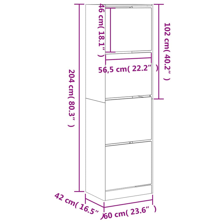 Schoenenkast met 4 klaplades 60x42x204 cm gerookt eikenkleurig