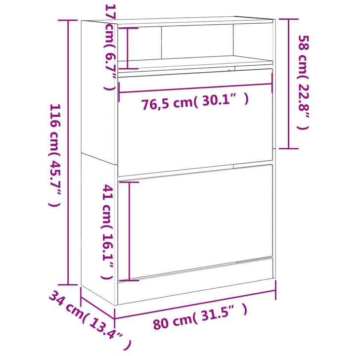 Schoenenkast met 2 klaplades 80x34x116 cm gerookt eikenkleurig