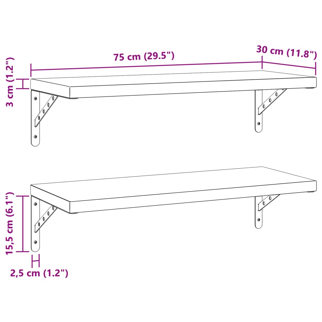 Wandschappen 2 st 75x30 cm roestvrijstaal zilverkleurig