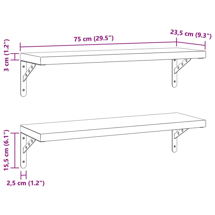 Wandschappen 2 st 75x23,5 cm roestvrijstaal zilverkleurig