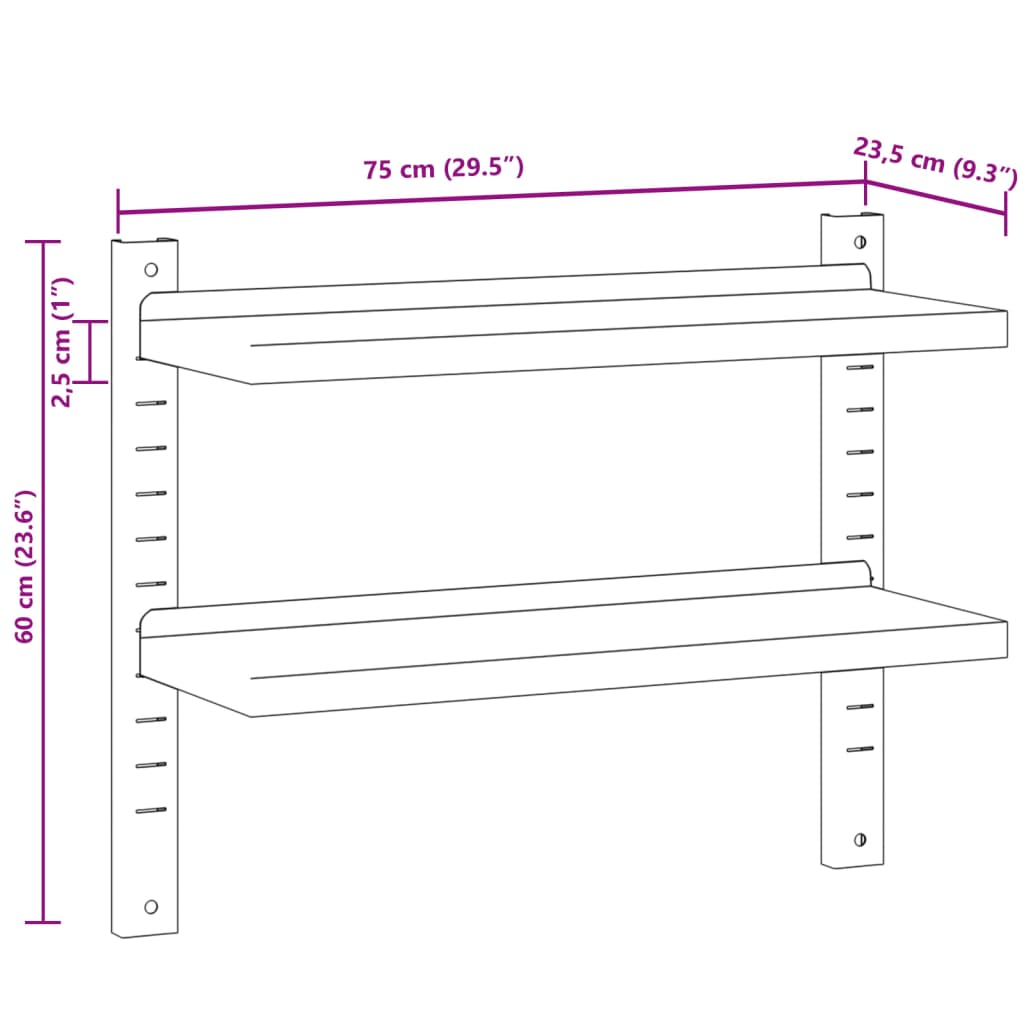 Wandschap 2-laags 75x23,5x60 cm roestvrijstaal zilverkleurig