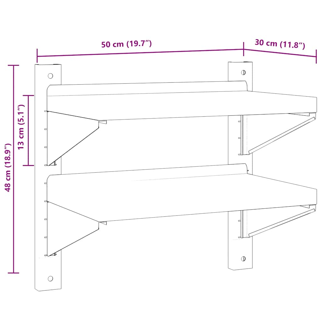 Wandschap 2-laags 50x30x60 cm roestvrijstaal zilverkleurig