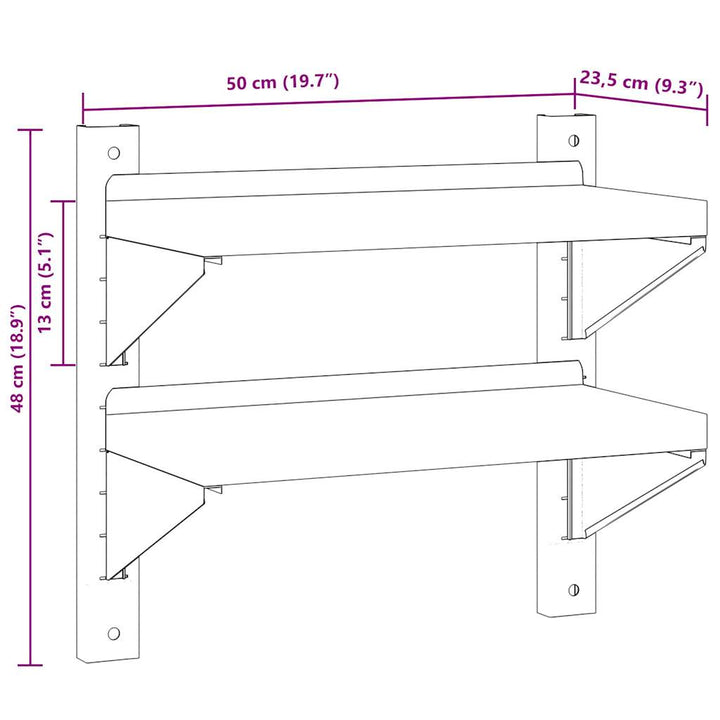 Wandschap 2-laags 50x23,5x60 cm roestvrijstaal zilverkleurig