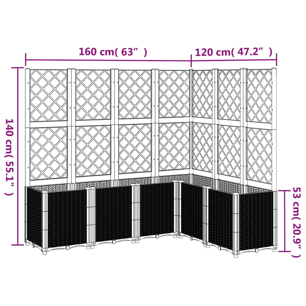 Plantenbak met latwerk 160x120x140 cm polypropeen zwart