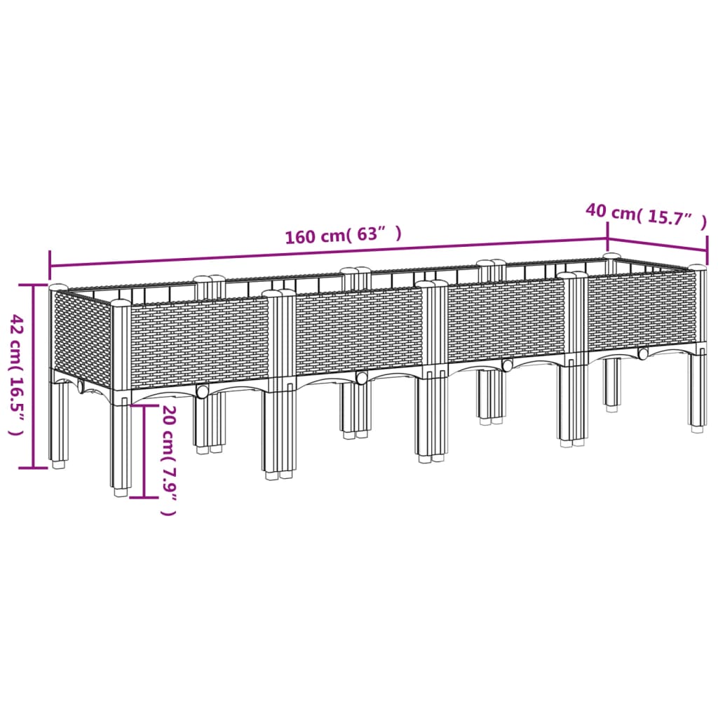 Plantenbak met poten 160x40x42 cm polypropeen grijs