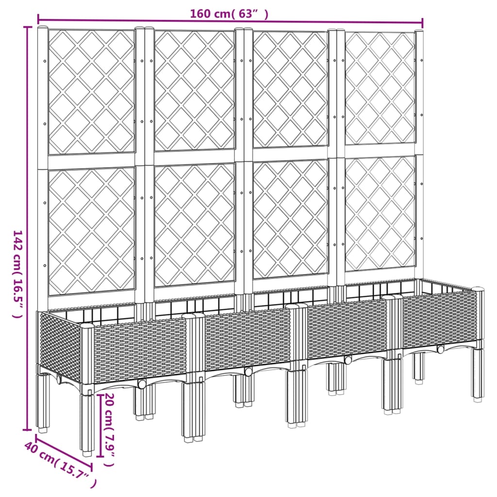 Plantenbak met latwerk 160x40x142 cm polypropeen grijs