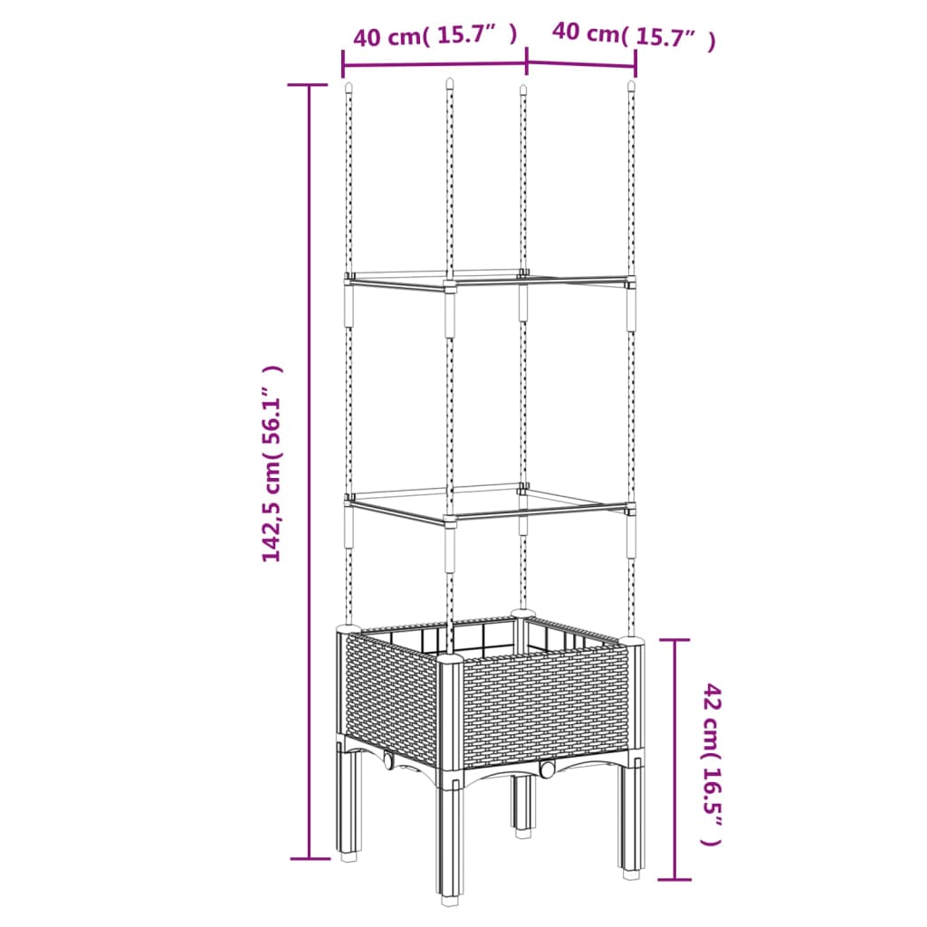 Plantenbak met latwerk 40x40x142,5 cm polypropeen grijs