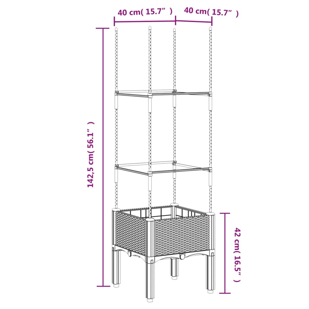 Plantenbak met latwerk 40x40x142,5 cm polypropeen lichtgrijs