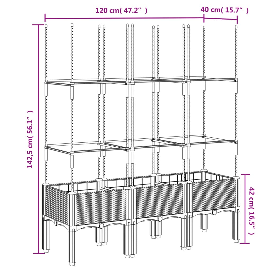 Plantenbak met latwerk 120x40x142,5 cm polypropeen lichtgrijs