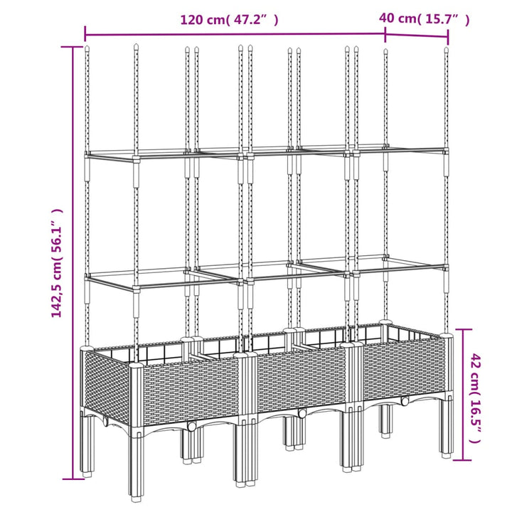 Plantenbak met latwerk 120x40x142,5 cm polypropeen lichtgrijs