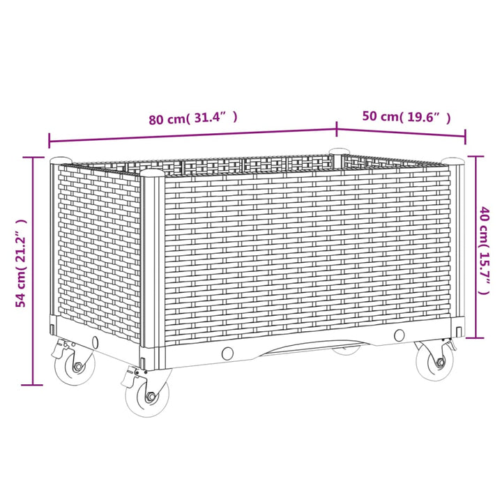 Plantenbak met wielen 80x50x54 cm polypropeen grijs