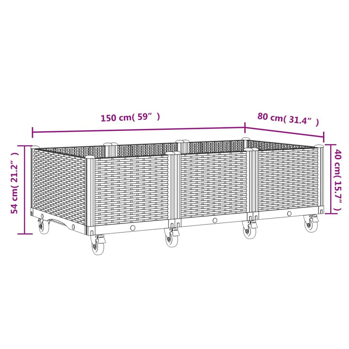 Plantenbak met wielen 150x80x54 cm polypropeen grijs