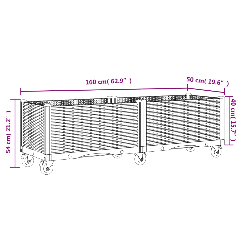 Plantenbak met wielen 160x50x54 cm polypropeen grijs