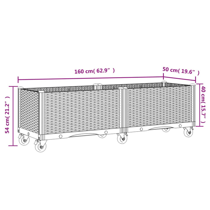 Plantenbak met wielen 160x50x54 cm polypropeen grijs