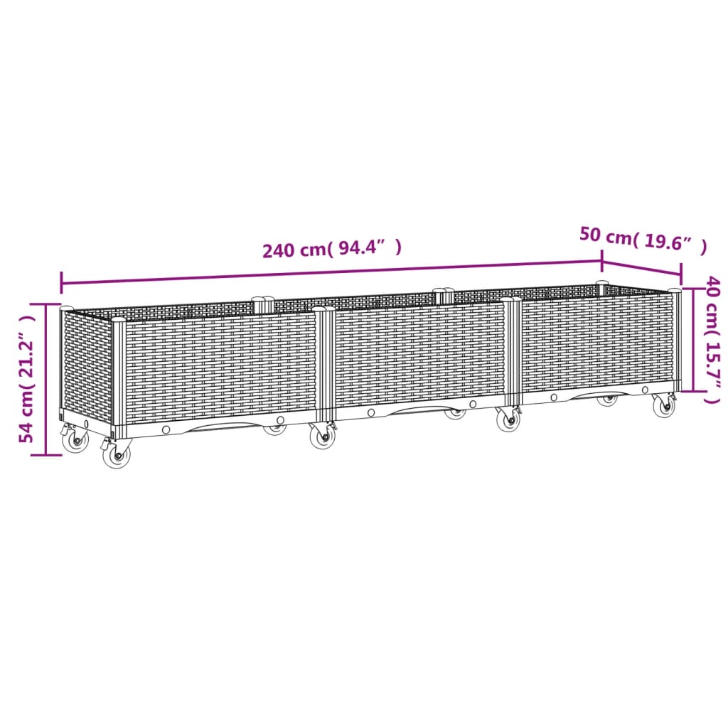 Plantenbak met wielen 240x50x54 cm polypropeen lichtgrijs