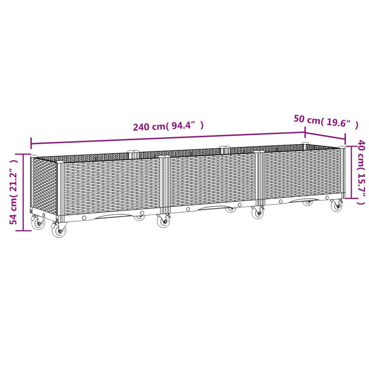 Plantenbak met wielen 240x50x54 cm polypropeen lichtgrijs