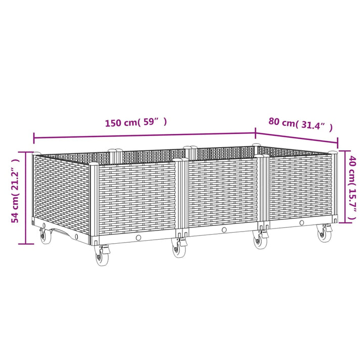 Plantenbak met wielen 150x80x54 cm polypropeen bruin