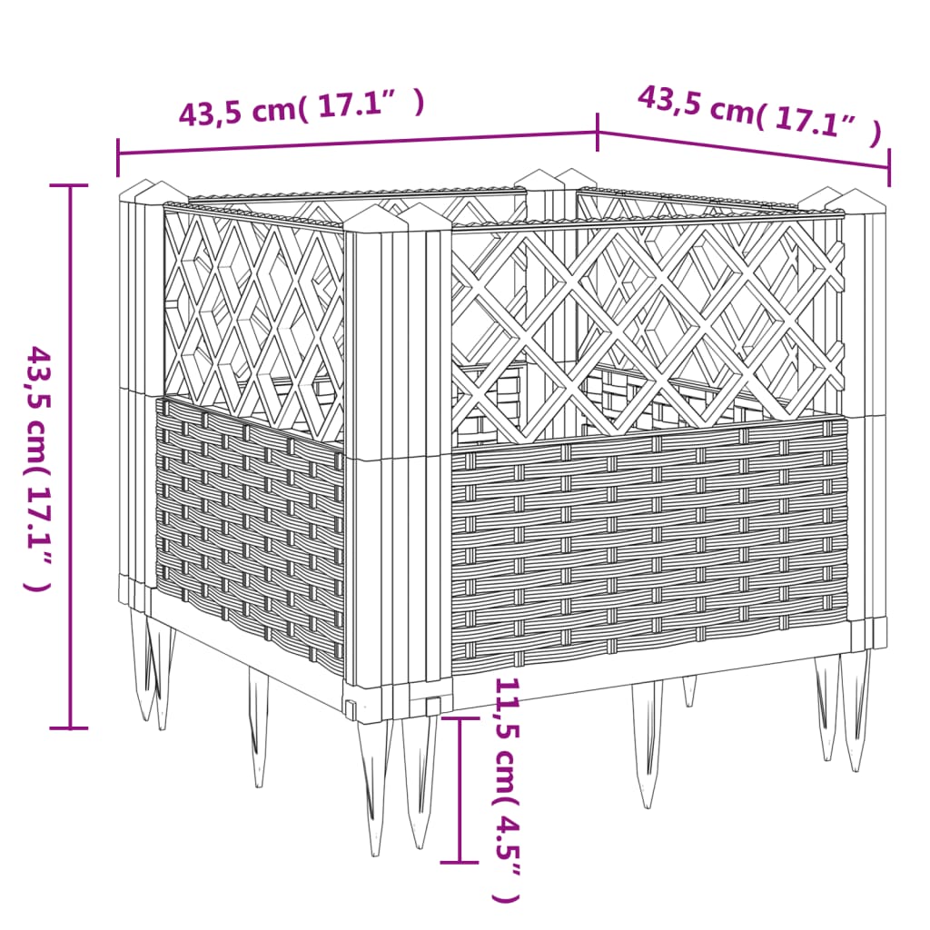 Plantenbak met pinnen 43,5x43,5x43,5 cm polypropeen zwart