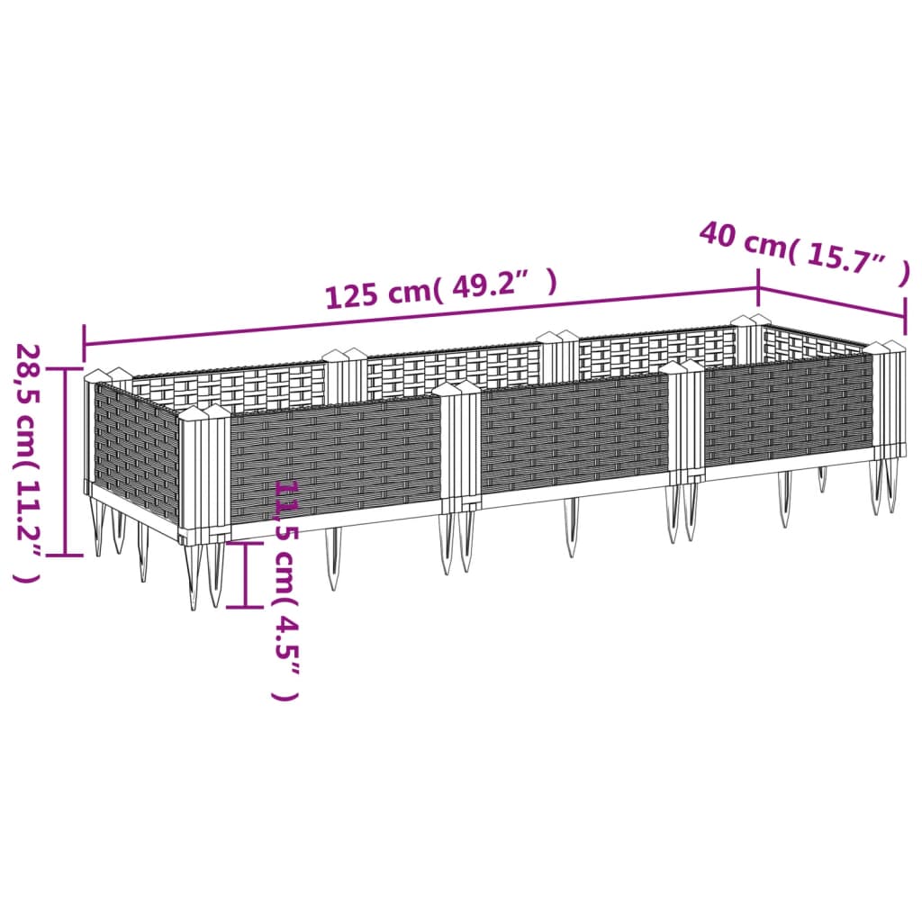 Plantenbak met pinnen 125x40x28,5 cm polypropeen bruin