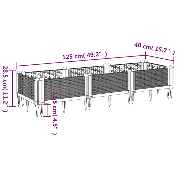 Plantenbak met pinnen 125x40x28,5 cm polypropeen bruin