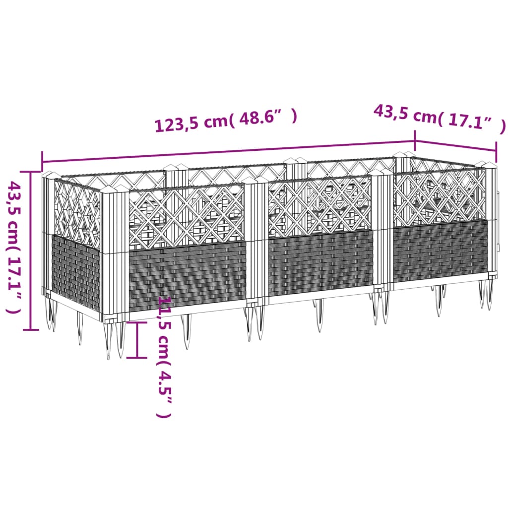 Plantenbak met pinnen 123,5x43,5x43,5 cm polypropeen bruin