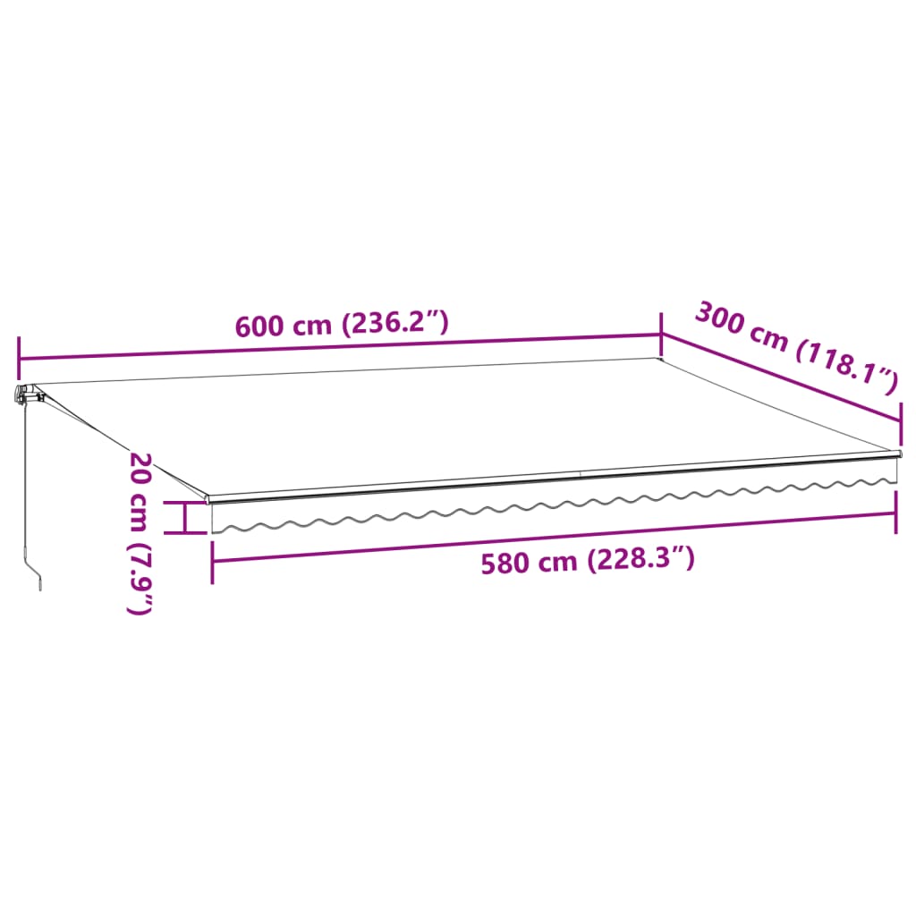 Luifel handmatig uittrekbaar met LED 600x300 cm bordeauxrood