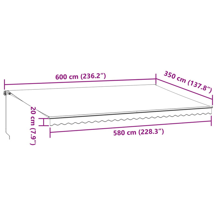 Luifel handmatig uittrekbaar met LED's 600x350 cm bordeauxrood