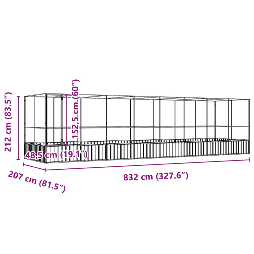 Volière met verlengstuk 832x207x212 m staal zilverkleurig